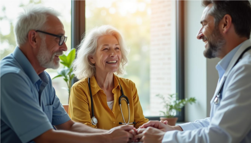 Pareja de adultos mayores conversando con su médico de cabecera en un consultorio luminoso