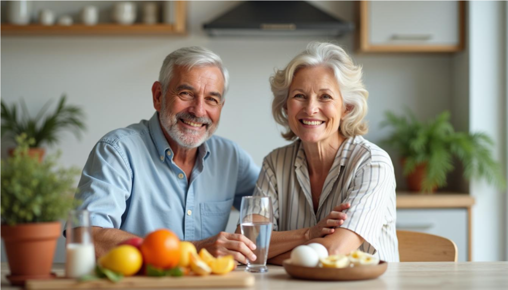 Pareja de adultos mayores sonriendo en la cocina por la mañana con agua, fruta y huevos