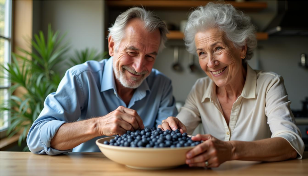 Pareja de adultos mayores latinos eligiendo arándanos frescos en una mesa de cocina