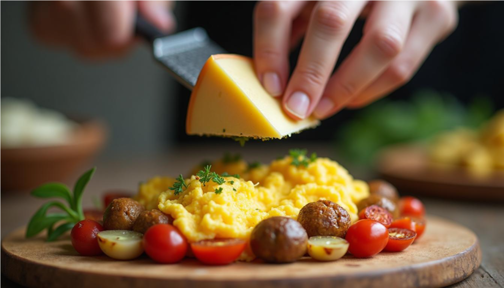 Trozo de parmesano auténtico rallado sobre huevos revueltos y verduras