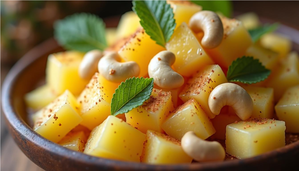 Trozos de piña con anacardos, nueces de macadamia, menta y canela