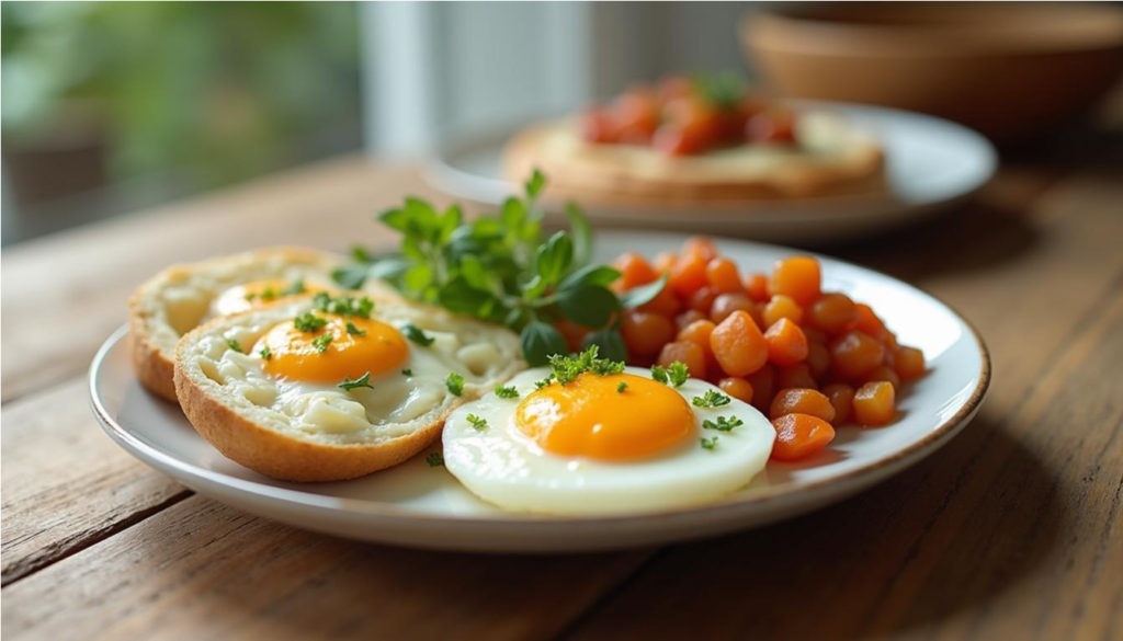 Plato con huevos, yogur y legumbres para un desayuno con proteína, listo para servir