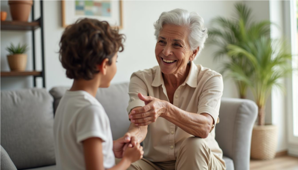 Abuela segura y sonriente junto a su nieto en casa