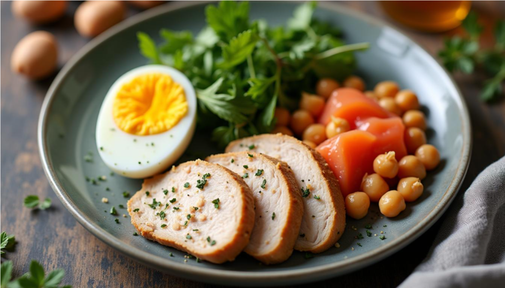 Plato con pechuga de pollo, huevo cocido, garbanzos y salmón en porciones habituales