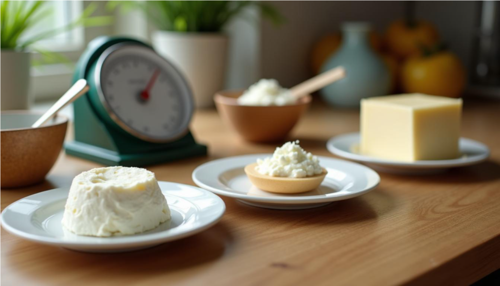 Tres porciones pequeñas de queso con una taza medidora y una balanza de cocina