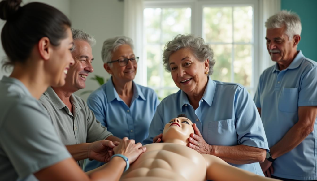 Primeros auxilios para socorrer a los adultos mayores: grupo practica con un instructor y un maniquí