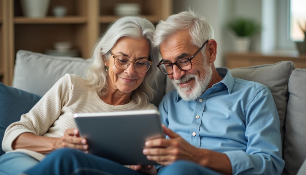 Pareja de adultos mayores buscando información juntos en una tableta