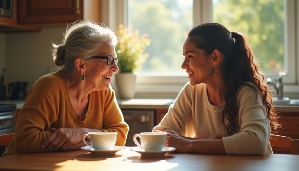 Madre mayor e hija conversan con una taza de té sobre sus dudas