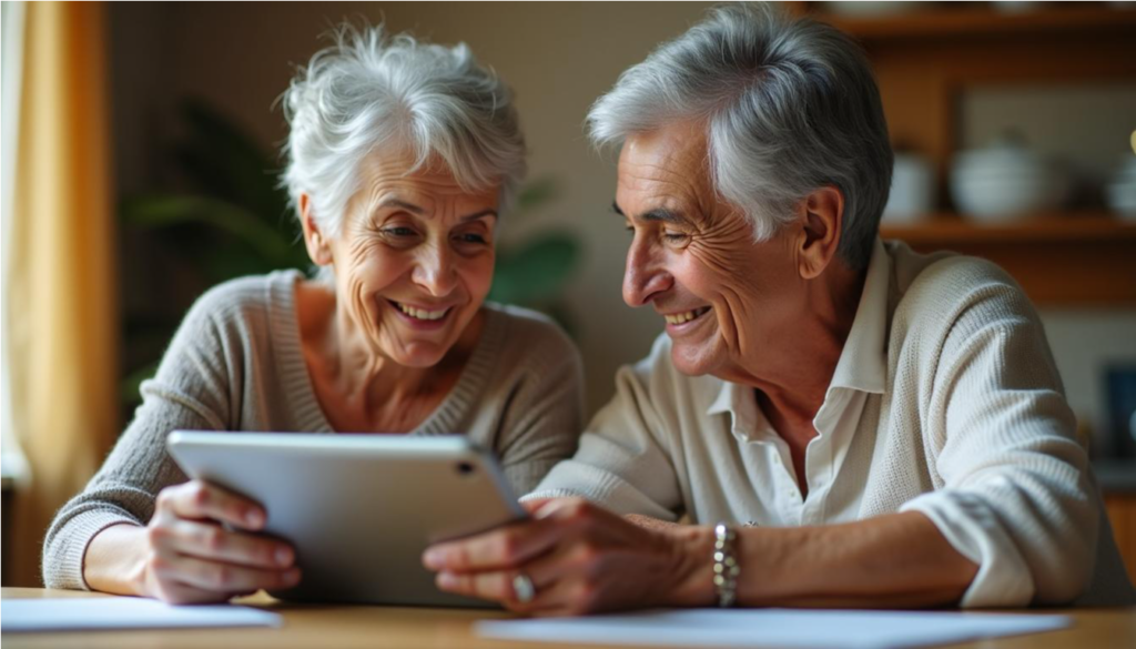 Abuela y nieto conversando juntos frente a una tableta
