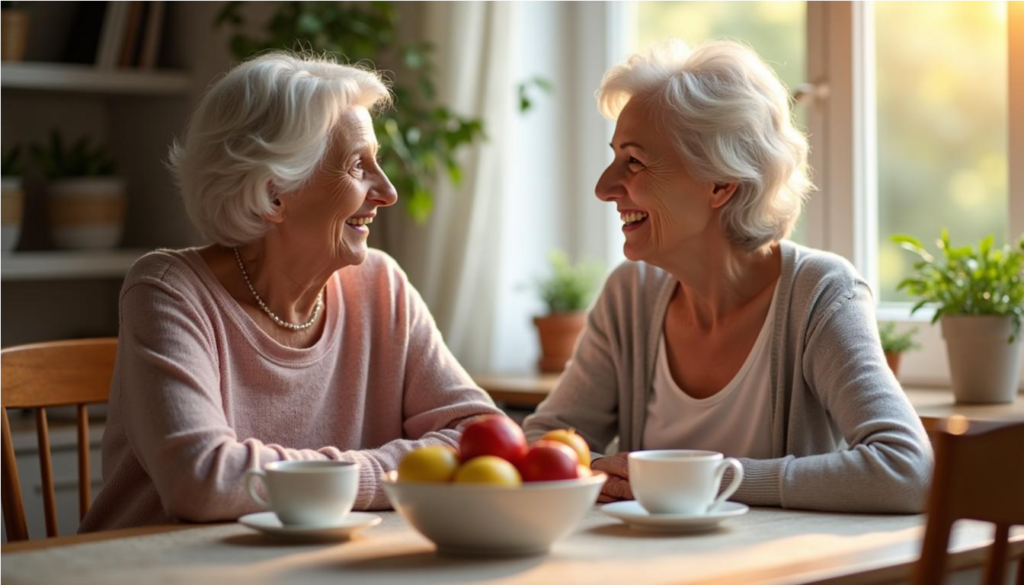Abuelas conversan en la mesa junto a un frutero