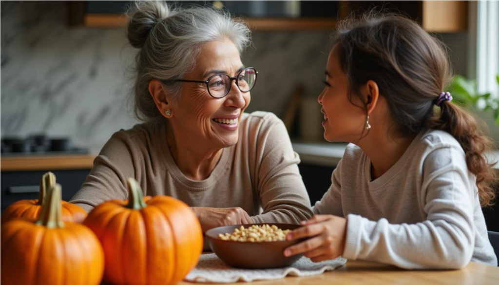 Abuela y nieta conversando con un bol de semillas de calabaza sobre la mesa