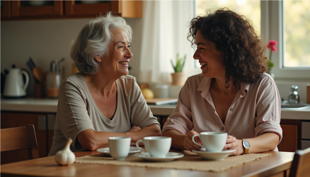 Madre mayor e hija conversando en la cocina