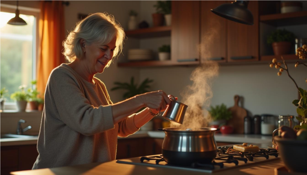 Mujer mayor prepara una bebida tibia en la cocina al atardecer