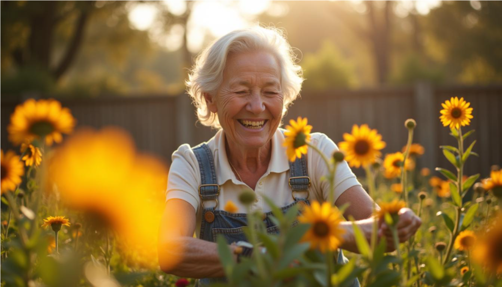 Mujer mayor cuidando sus flores en el jardín con alegría