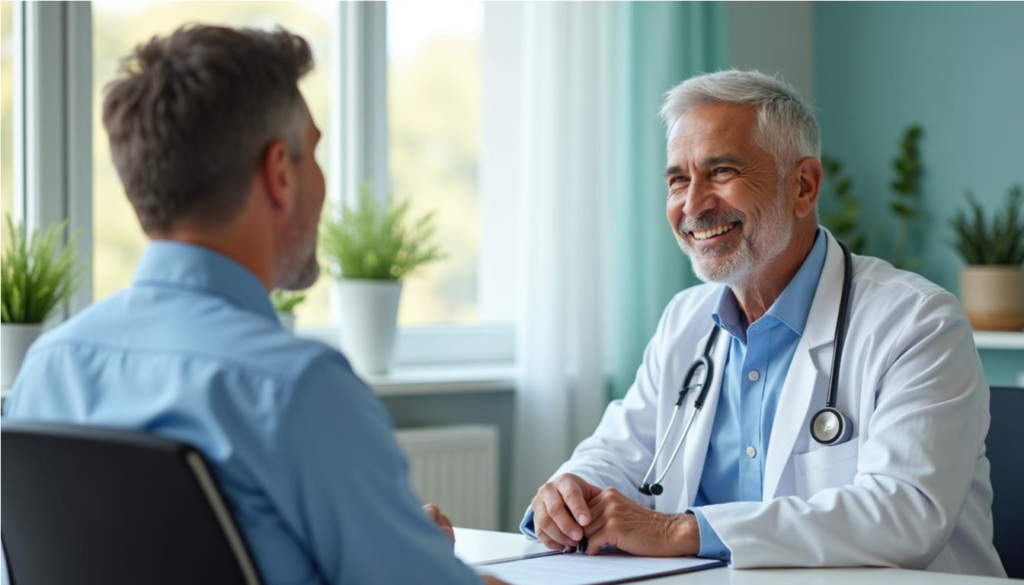Hombre mayor conversando con su médico en un consultorio luminoso y tranquilo
