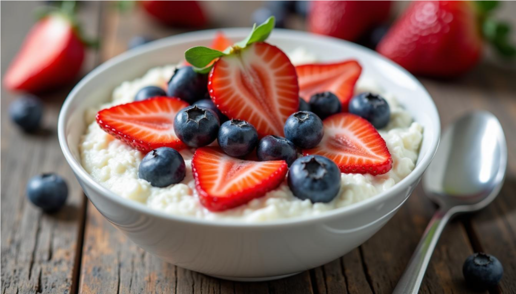 Bowl de queso cottage con fresas y arándanos sobre una mesa de madera