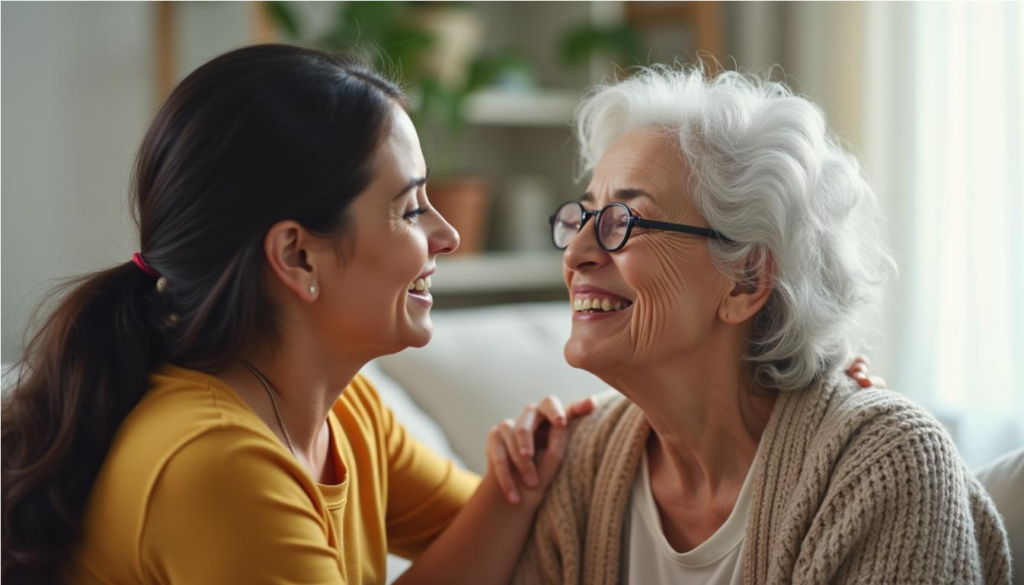 Hija observa el rostro de su madre mayor y le revisa el movimiento del brazo