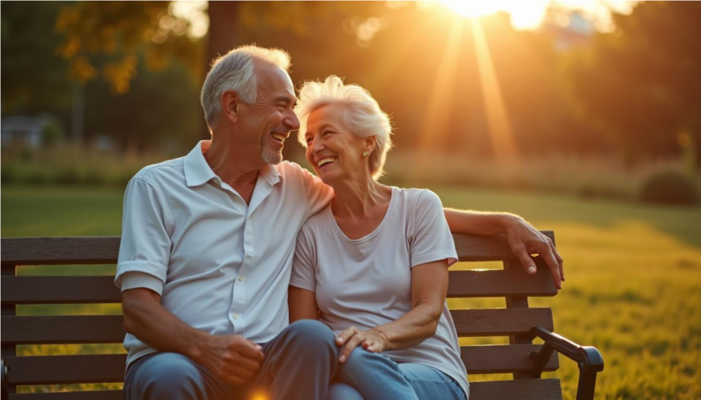 Pareja de adultos mayores sonriendo en un banco del jardín al atardecer