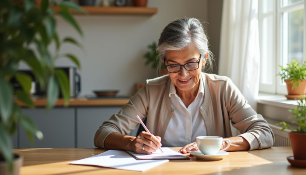 Adulta mayor tomando notas con una taza de té en una mesa luminosa