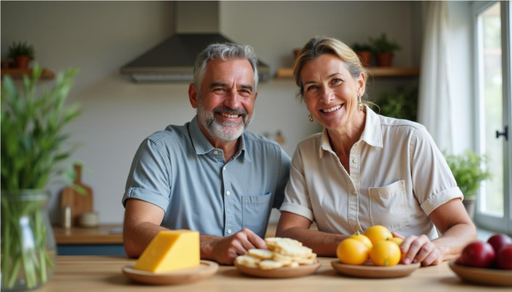 Pareja de adultos mayores sonriendo junto a porciones de queso, fruta y pan integral