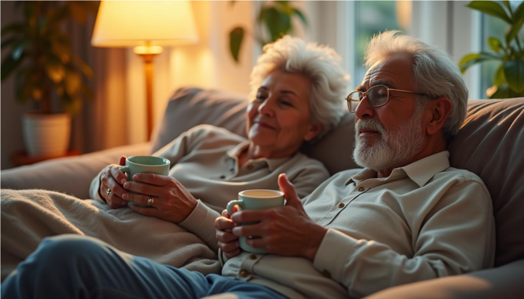 Pareja de adultos mayores disfruta una bebida tibia como ritual antes de dormir