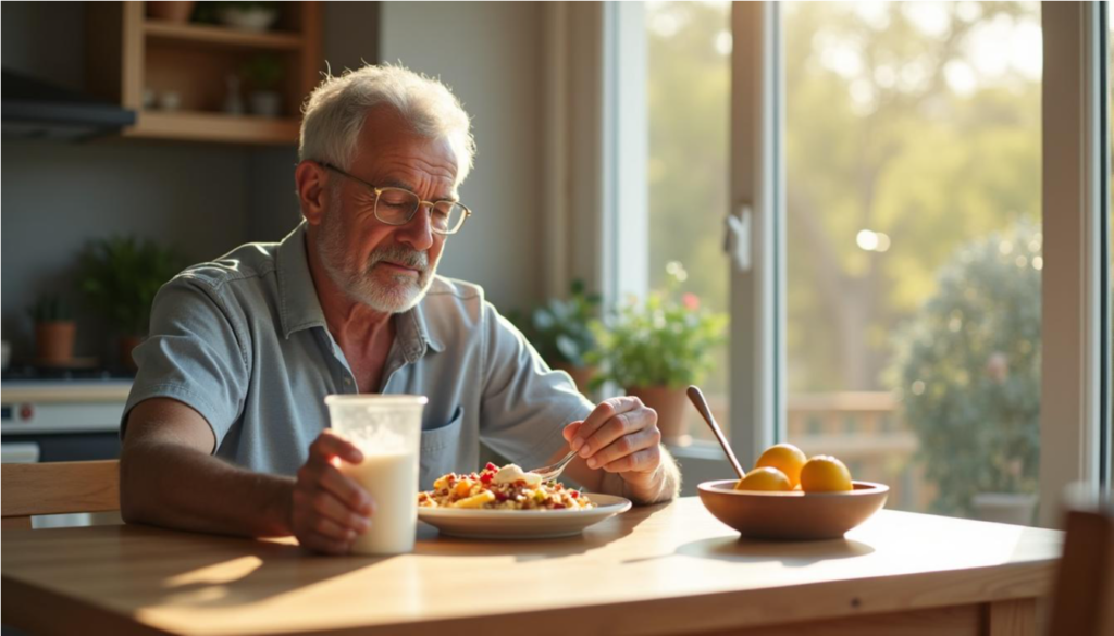 Hombre mayor en su rutina de desayuno con leche, avena y fruta