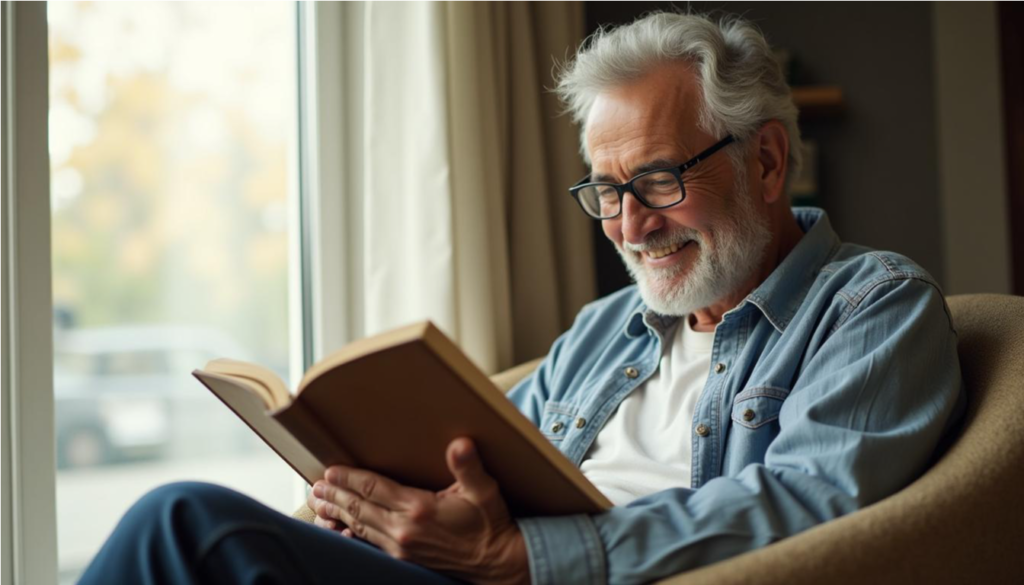 Hombre mayor con lentes leyendo un libro junto a una ventana luminosa