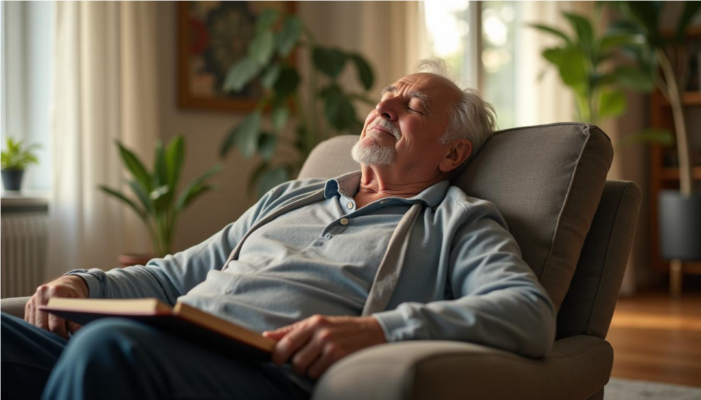 Hombre mayor descansando en un sillón durante una siesta corta