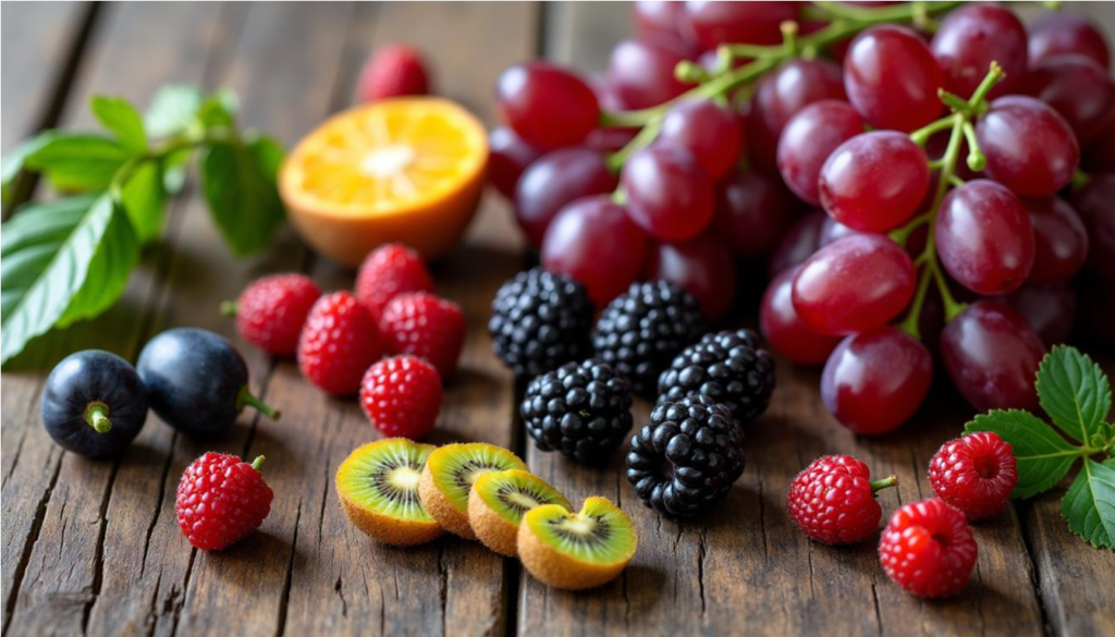 Siete frutas y pimientos frescos sobre una mesa de madera