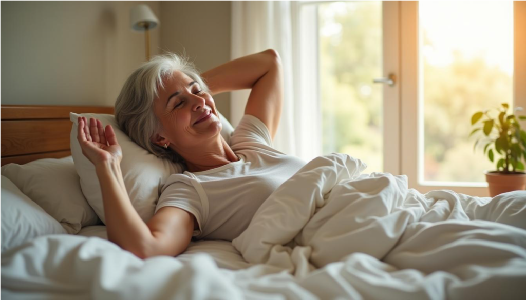 Mujer mayor despertando descansada y sonriente en un dormitorio con luz de la mañana