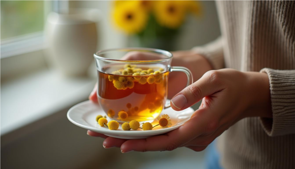 Manos de una mujer mayor sostienen una taza de té de manzanilla