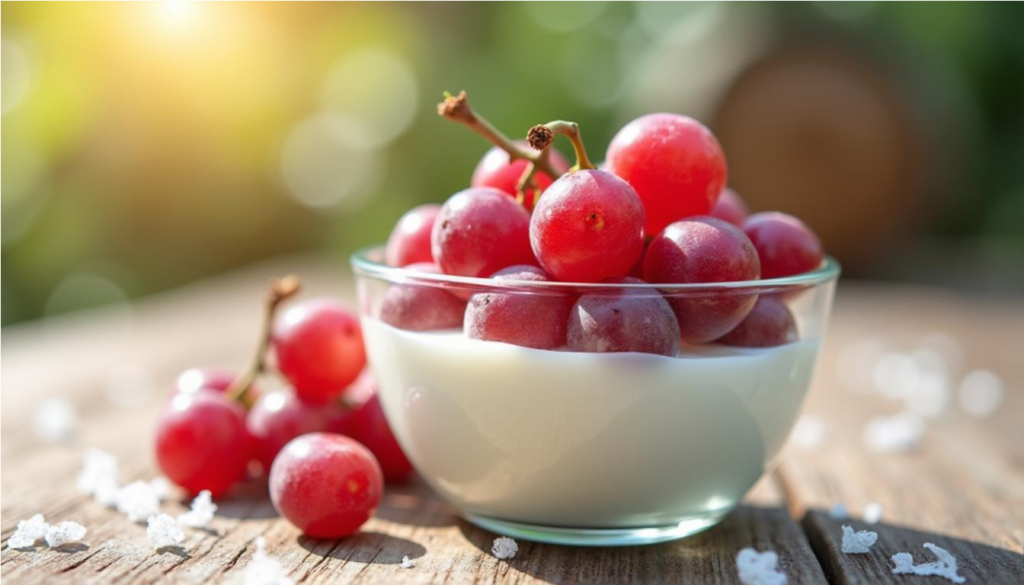 Uvas rojas frescas con yogur natural