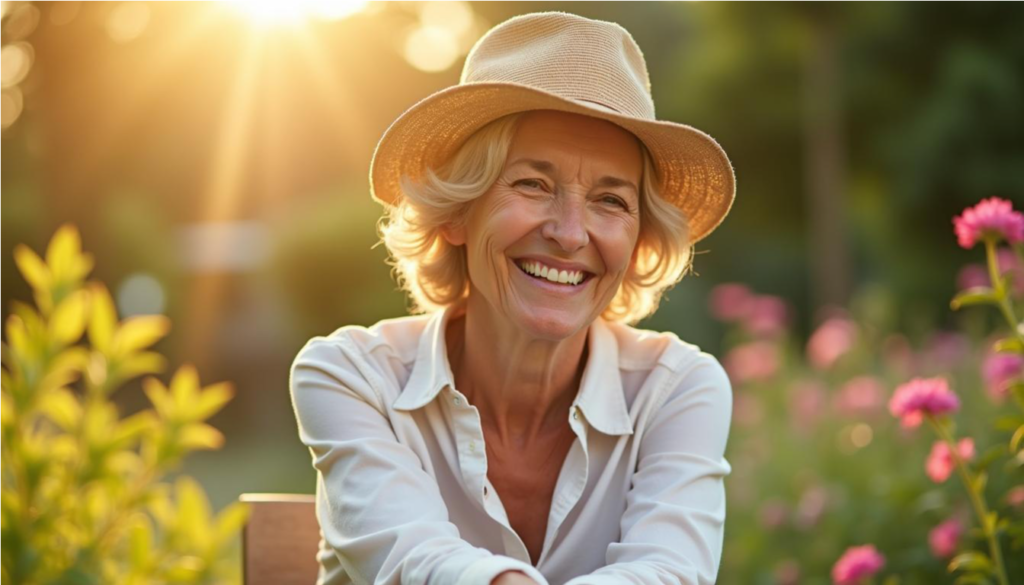 Mujer mayor disfrutando del sol de la mañana en un jardín