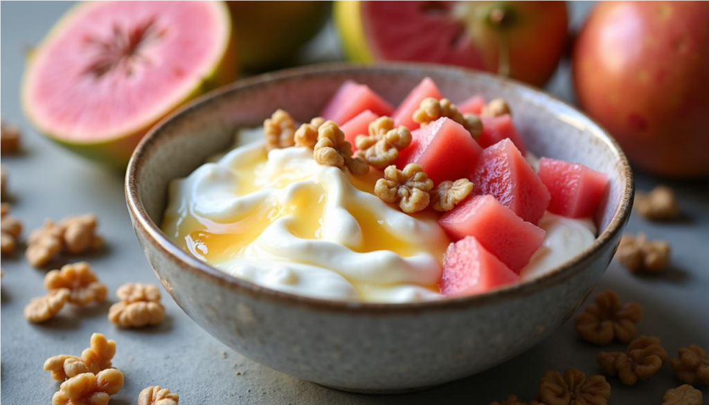 Yogur griego con guayaba picada, nueces y un hilo de miel